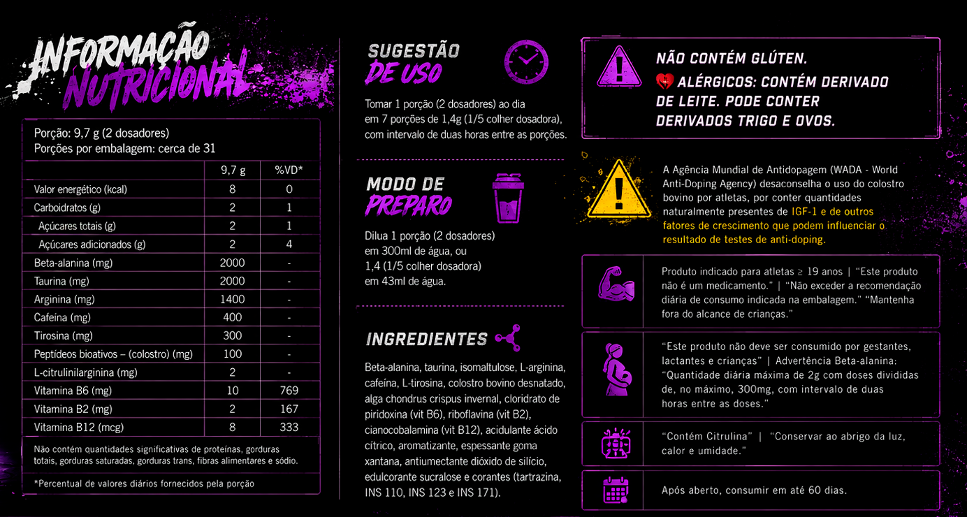 Tabela de informação nutricional e lista de ingredientes do Punk Pump.